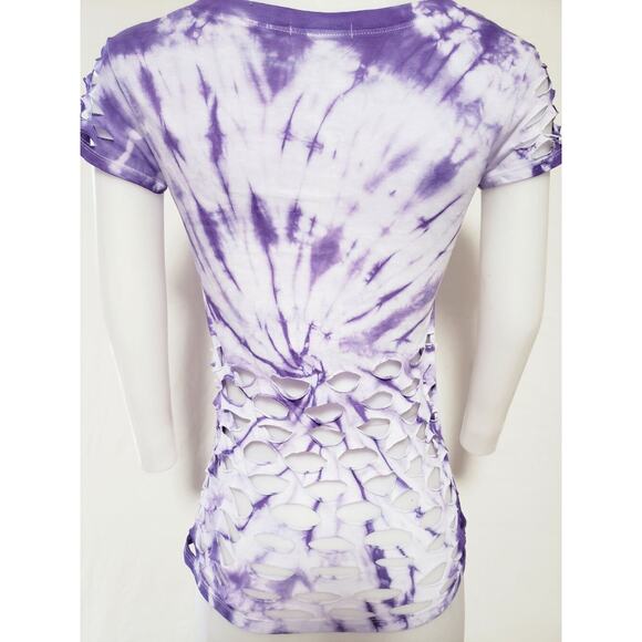 PURPLE WONDER - MEDIUM - White and Purple Tie Dyed Loose Fit V-Neck Top and Cuts - Picture 5 of 6